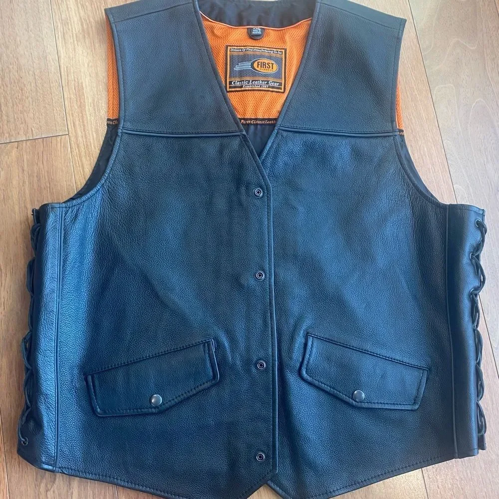 First classics Black Leather Vest with Orange Lining Biker Vest